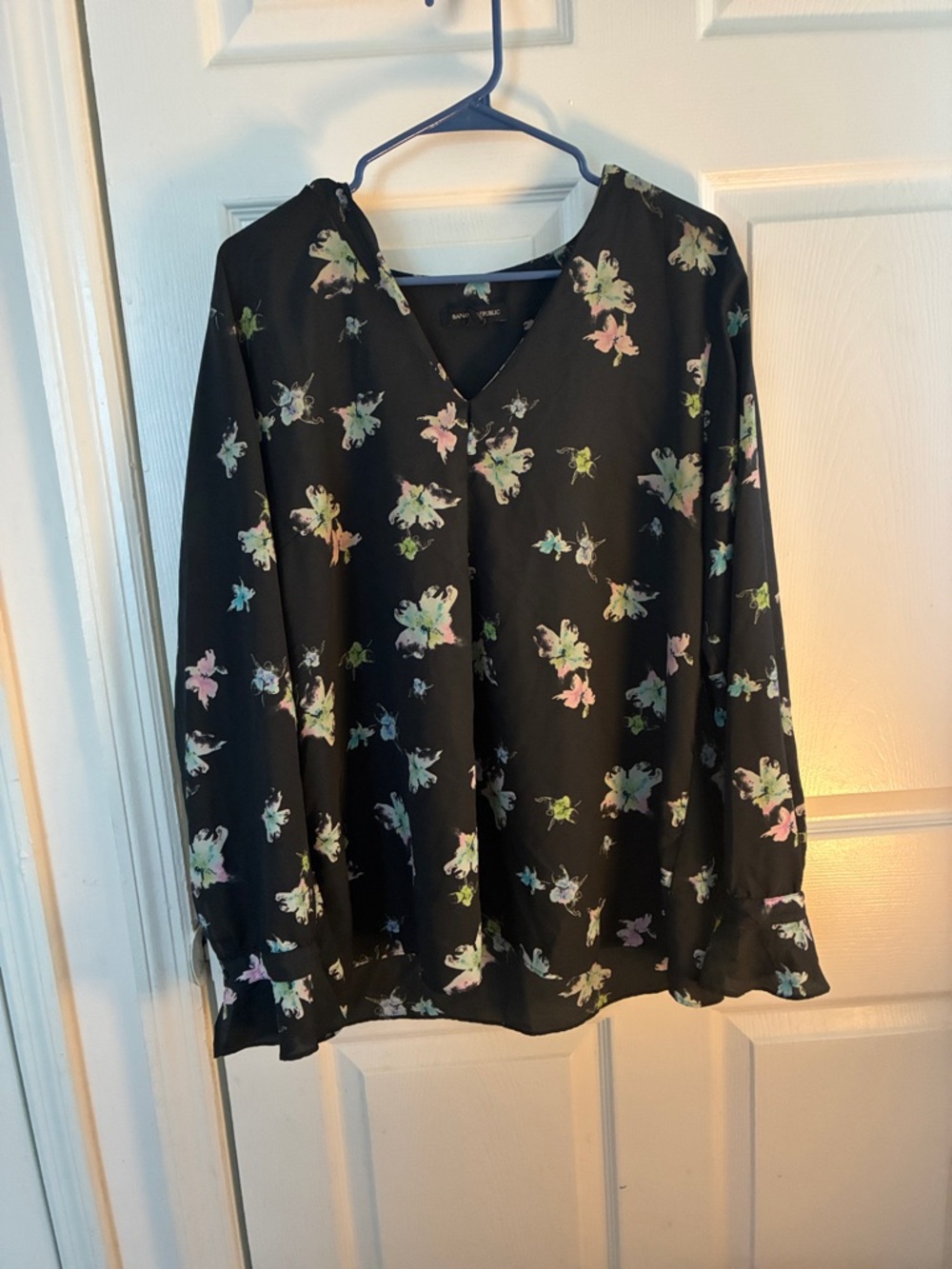 Banana Republic Black Blouse with Pastel Floral Print